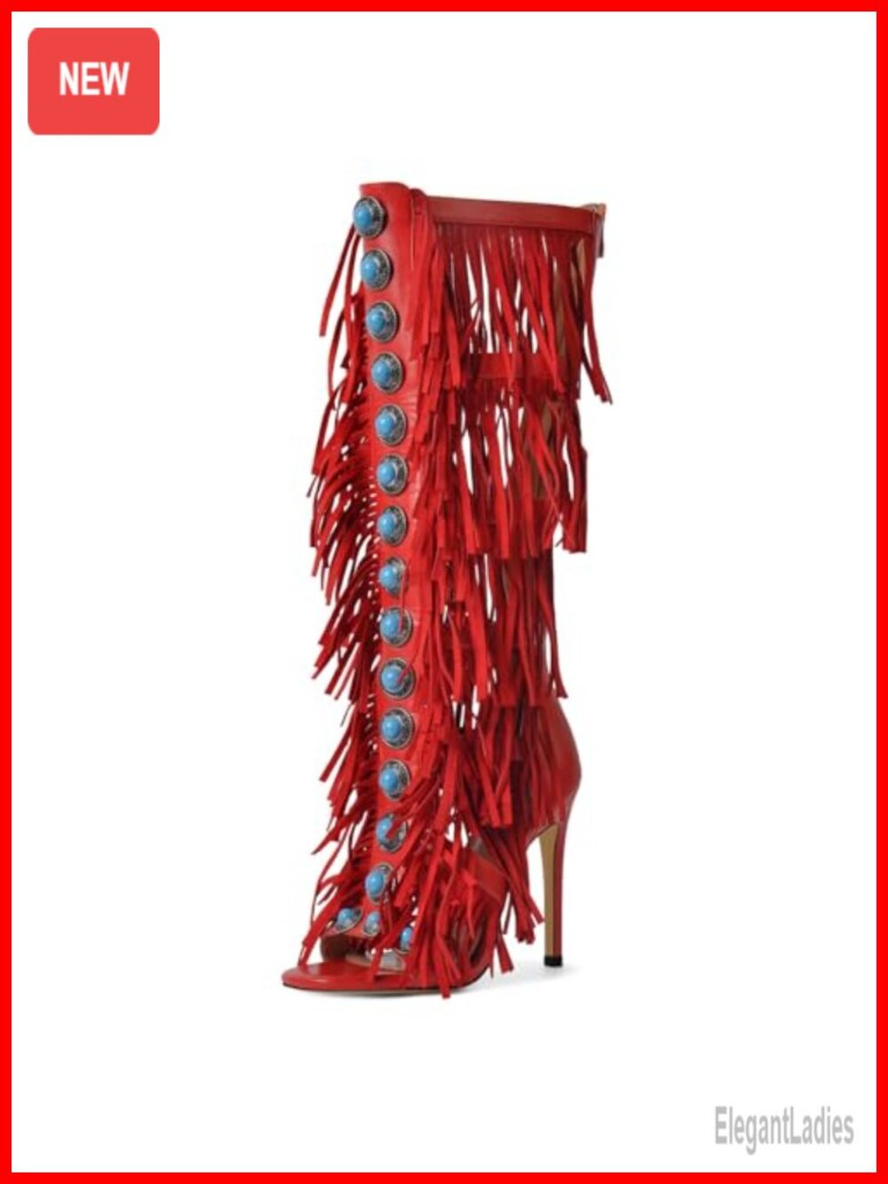 Women's Fringe Studded Open Toe Knee High Heeled Sandals Stilettos